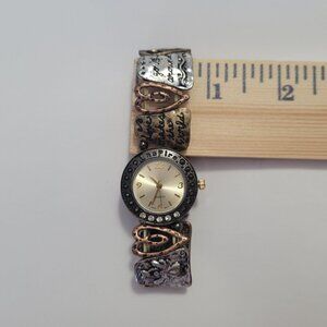 Heart Bracelet Watch Gold, Silver, Copper Tones Stretch Band Womens
